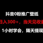 日入300+，抖音0粉推广壁纸，1小时学会，当天见收益，隔天提现